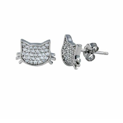 #ad Sterling Silver Cat Stud Earrings w Cubic Zirconia Stones $16.99