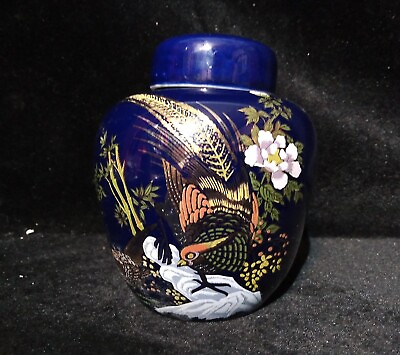 #ad Small Ginger Jar Vase with Lid Cobalt Blue Gold Pheasants Floral 5quot; Tall China $9.00