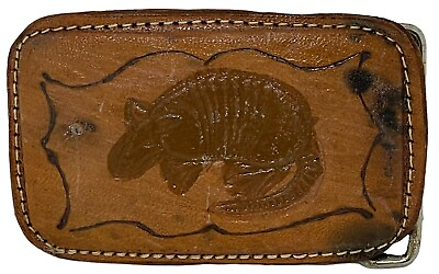 #ad Vintage Leather Belt Buckle Armadillo Brown Design Stitched Handcrafted Leather $7.49