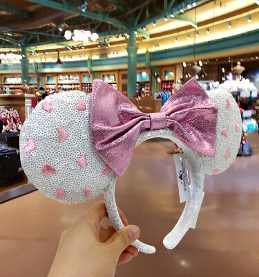 #ad US Disney Parks White Heart Sequin Pink Valentine#x27;s Day Bow Minnie Ears Headband $17.39