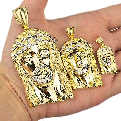 #ad 14k Gold Plated Solid 925 Sterling Silver Jesus Piece Pendant Iced CZ Necklace $107.99