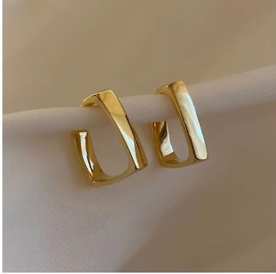 #ad NEW VERY SMALL HUGGIE SQUARE ROUND HOOP EARRINGS YELLOW GOLD .50quot; LIGHT WEIGHT $12.99