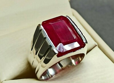 #ad Emerald Cut Deep Red Ruby Sterling Silver 925 Roby Handmade Yakoot Mens Ring $120.00