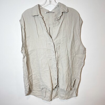 #ad ZARA Womens Sleeveless Linen Button Up Shirt Beige L Collared High Low Hem $23.00