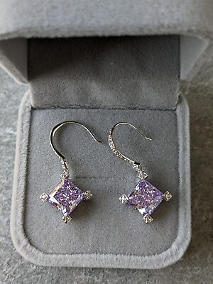 #ad Sterling Silver Amethyst Colored Purple Hook Earrings Princess Cut Gems .925 $34.00