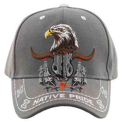 #ad NEW NATIVE PRIDE INDIAN AMERICAN FEATHERS EAGLE BUFFALO SKULL CAP HAT GRAY $9.95