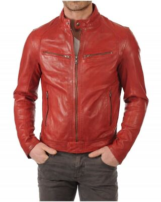 #ad New Leather Jacket Mens Biker Motorcycle Real Leather Coat Slim Fit Red #692 $118.00