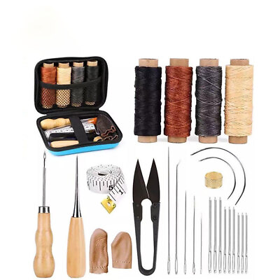 #ad USA Leather Waxed Thread Stitching Needles Awl Hand Tools Kit Sewing Craft 28Pcs $16.75