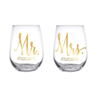 #ad NEW Mr. Mrs. Wine Glass Set 20 oz 5quot; Stemless quot;Love One Anotherquot; Wedding Gift $22.99