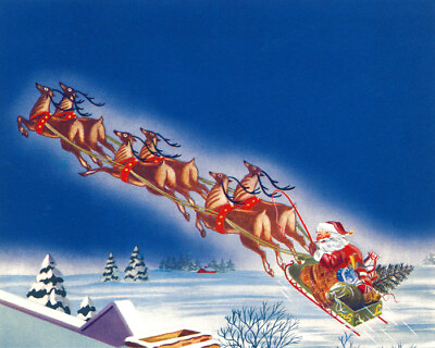 #ad MERRY WHITE CHRISTMAS SANTA CLAUS FLYING REINDEER SLEIGH VINTAGE POSTER REPRO $10.96