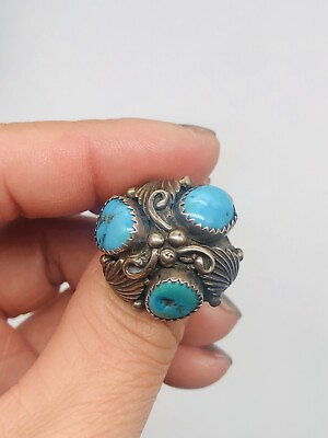 #ad Vtg Signed F 925 Sterling Silver Native American Blue Turquoise Flower Ring Sz 7 $123.25