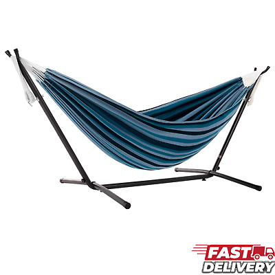 #ad Vivere Double Cotton Hammock With Space Saving Steel Stand Blue Lagoon $92.78