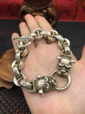 Asian chinese old miao silver hand cast dog statue bracelet jewel cool gift $12.99