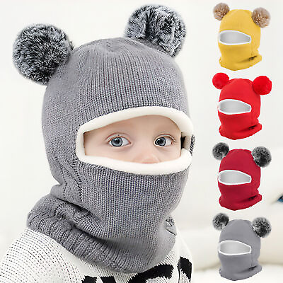 #ad Baby Kids Boys Girls Winter Warm Hat With Fur Ball Toddler Beanie CapScarf Set $9.80