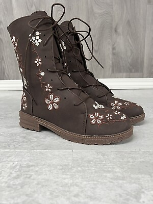 #ad Ladies Fashion Combat Lace Up amp; Zip Boots Womens 8.5 Brown Floral Embroidery $27.97