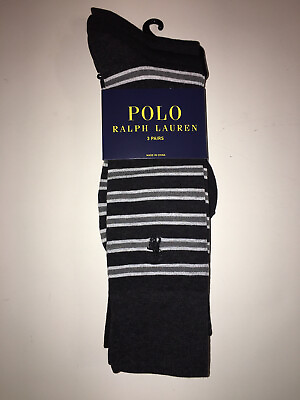 #ad Polo Ralph Lauren Men#x27;s 3 Pair Stripe Dress Charcoal Socks Size 10 13 NEW $21.95