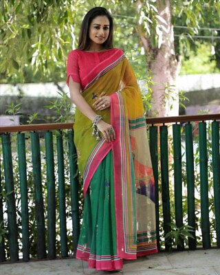#ad Green Saree For Women Soft Linen Cotton Indian Saree Blouse Digital Printed Work $33.99