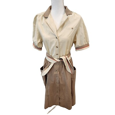 #ad Vintage 60s 70s Anjac Fashions Tan Off White Midi Shirt Dress L Waitress $64.98