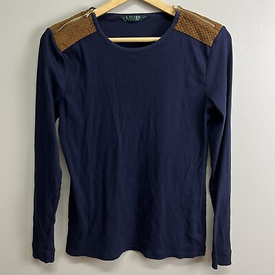 #ad Lauren Ralph Lauren Navy Blue Long Sleeve Suede Zip Shoulder Shirt Women’s L $19.99