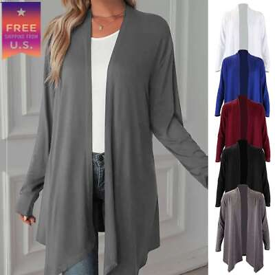 #ad Womens Long Open Front Cardigan Sweater Sleeve Pockets Loose Drape Solid Tops $17.29