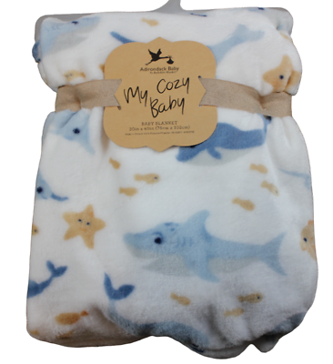 #ad Adirondack My Cozy Baby Ocean Sea Shark Dolphin Fleece Blanket Boys White NWT $16.10