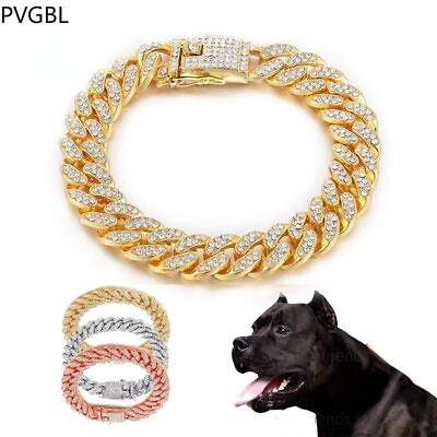 Luxury Dog Collar Chain Diamond Cuban Gold Rhinestones Pitbull Cat Necklace $13.99