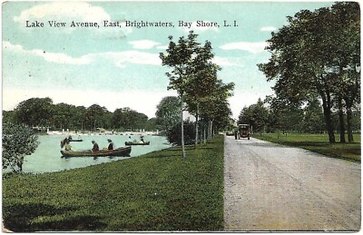 #ad Bay Shore Long Island NY Lake View Avenue East Brightwaters Boat 1913 Postcard $9.95