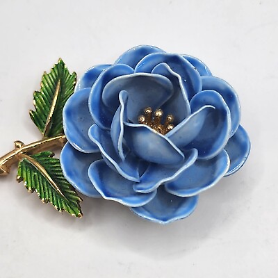 #ad Vintage Trifari Brooch Blue Enamel Flower Signed $129.99