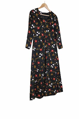#ad Vintage 70s Black Orange Red Floral Hostess Dress 4 6 0572 $40.00