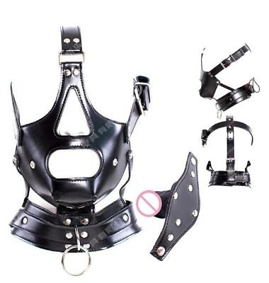 #ad BDSM PU Leather Head Harness Mouth Gag Oral Plug Ball Headgear Face Mask Bondage $14.89