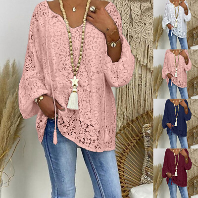 #ad Plus Size Women Lace Hollow Out Blouse Tops Long Sleeve Casual Baggy T Shirt US $14.39