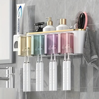#ad Toothbrush Holder With Squeezer Perforation free Bathroom Shelf Mouthwash Cups $16.90