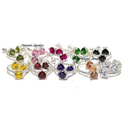 #ad 925 Solid Silver Birthstone Natural Gemstone Heart Shape Ring Stud Jewelry Set $44.99