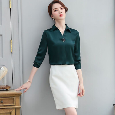 #ad Spring Women Slim Chiffon Shirt Lapel Longsleeve Solid Color Professional Blouse $37.25