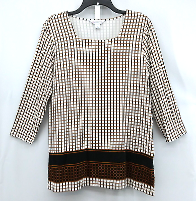 #ad Liz Claiborne Blouse Womens Size M Brown Check Pattern Tunic Pullover Top $13.54