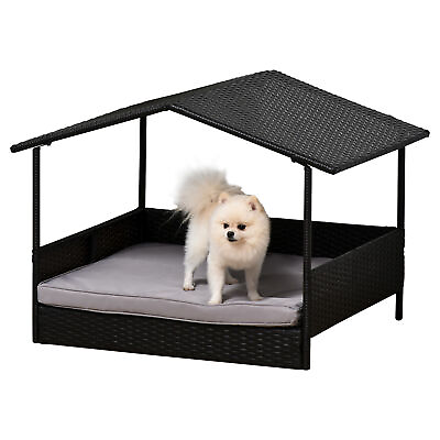 Wicker Dog House Raised Rattan Bed for Indoor Outdoor with Cushion Lounge Grey $125.50