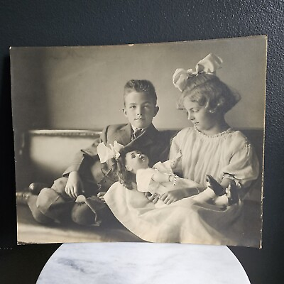 #ad Edwardian Children With Doll Antique Photograph 1910s Kids Big Bow Large Photo $59.97