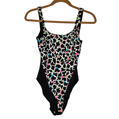 #ad Vintage 90s Barefoot Miss 12 Black White Neon Dot One Piece Swimsuit Retro $30.00