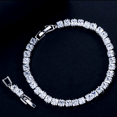 #ad 18k White Gold Filled Tennis Bracelet made w Swarovski Crystal Princess Stone $66.07
