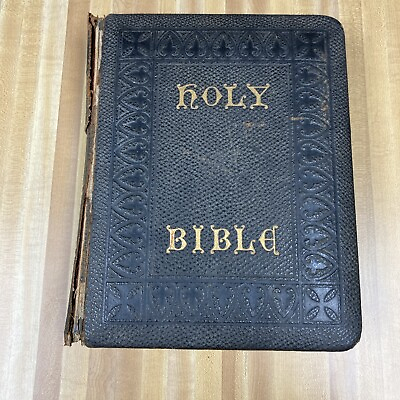 #ad Antique Pictorial Leather Bound Family Bible 1880s $89.99