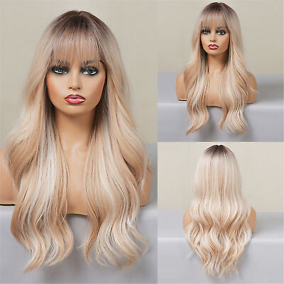 #ad US Long Body Wavy Natural Ombre Light Blonde Wigs with Bangs Hair Daily Use $17.99