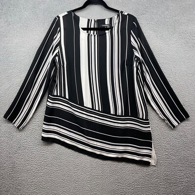 #ad Roz Ali Womens Blouse Black White Striped Long Sleeve Scoop Neck Pullover Size M $9.00