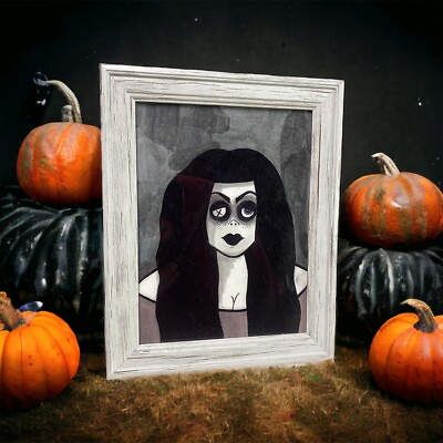 #ad Gothic Girl Framed Original Dark Art Ink Watercolor painting Pretty Black Hair $35.00