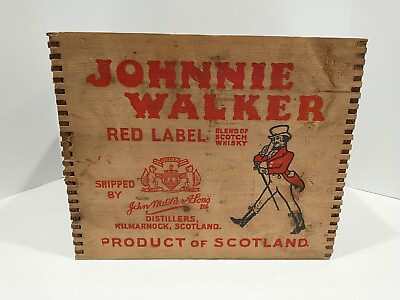 #ad Johnnie Walker Red Label Scotch Whiskey Wood Box Jointed Crate Scotland bsmt $64.99