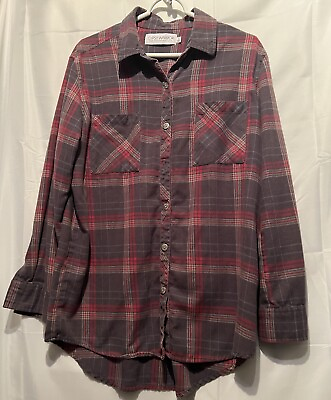 #ad Gypsy Warrior Graphic Flannel Long Sleeve Shirt Plaid Womens Sz L Missing Button $14.95