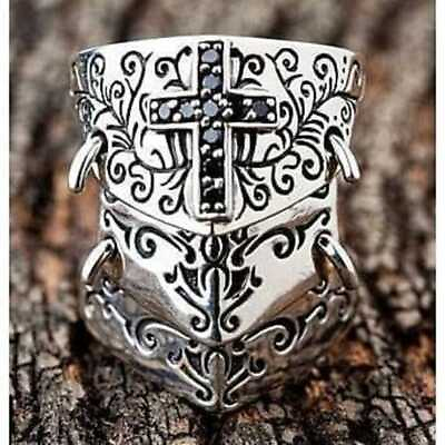 #ad Black Cross 925 Sterling Silver Medieval Armor Shield Rocker Ring Gothic Biker $90.85