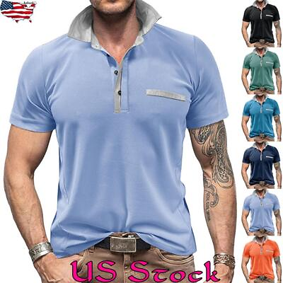 #ad Mens Solid Turn Down Collar T shirts Casual Button Casual Blouse Tops Tees OL $21.79