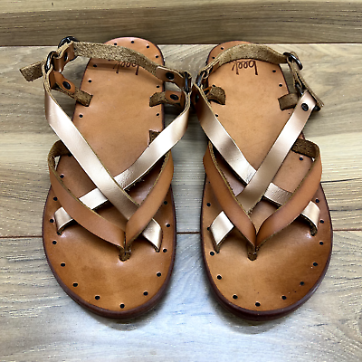 #ad Beek Sandals 9 Sparrow Strappy Slingback Brown Rose Gold Leather Flat $49.88
