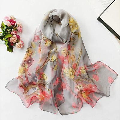 #ad Grey Floral Fashion Scarf Women#x27;s Chiffon Printed Silk Soft Fashion Wrap $13.99