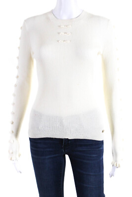 #ad Chanel Womens Ivory Wool Ribbed Crew Neck Long Sleeve Pullover Sweater Top Size $350.99